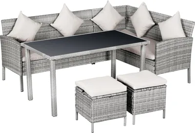 Produktbild von 5-tlg. Gartenmöbel-Set, Rattan-Sitzgruppe mit Fußhocker, Metallgestell, Grau, 142 x 60 x 75 cm