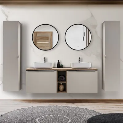 Produktbild von Badmöbel Set in taupe mit Vintage Oak Eiche PUEBLA-56-TAUPE B/H/T 230/200/46 cm