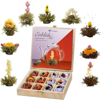 Produktbild von Creano Teeblumen Geschenkset in Teekiste aus Holz 12 Erblühtee in 9 Sorten Weißtee & Schwarztee, Geschenk für Frauen, Mutter, Teeliebhaber