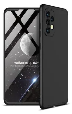 A black smartphone case is shown diagonally against a black background with a starry sky and moon graphic on the phone screen.