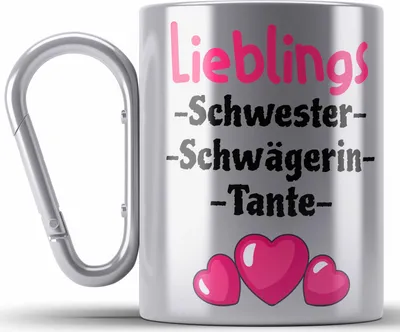 Produktbild von Trendation - Lieblings Schwester Schwägerin Tante Geschenk Edelstahl Tasse Karabiner mit Spruch (Silber)