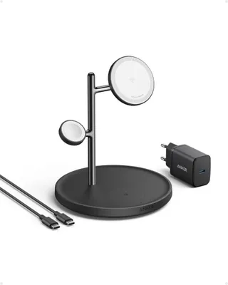 Immagine prodotto di Anker MagGo - Tappetino di ricarica induttivo - 3 in 1 + alimentatore AC - 25 Watt - 3 porte di uscita (ricarica wireless) - Nero