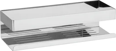 A shiny, metallic bathroom shelf with two tiers.