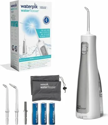 Zdjęcie produktu dla Irygator do jamy ustnej Waterpik bezprzewodowy wodoodporny zasilany bateryjnie 3 nasadki biały podróżna wolność w łazience