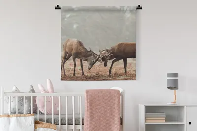 Produktbild von MuchoWow® Wandteppich Wandbehang Hirsche - Geweihe - Wald - Gras 90x90 cm Tapisserie Dekoration Wandtuch - Wandaufhänger