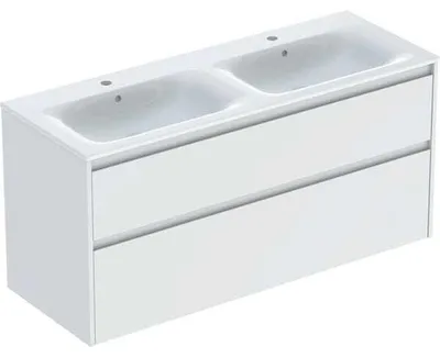 Produktbild von Geberit Renova Plan Set Doppelmöbelwaschtisch schmaler Rand, mit Unterschrank, zwei Schubladen: 130x62.1x48cm, Breite Waschtisch=130cm, Waschtisch: weiß, Korpus, Front: weiß / lackiert seidenmatt