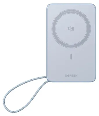 Imagen del producto de UGREEN PB773 MagFlow, batería externa inalámbrica magnética de 10.000 mAh y 25 W, compatible con Qi2, con cable de carga rápida USB-C de 30 W integrado. Compatible con MagSafe