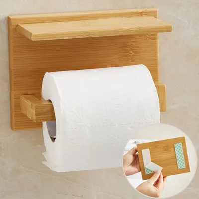 Image de Porte-rouleau de papier toilette en bambou avec étagère de rangement pour salle de bain