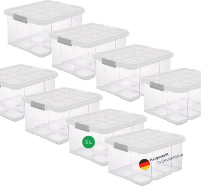 Produktbild von Novaliv 8x Aufbewahrungsboxen mit Deckel 5L transparente Nestbar stapelbare Storage boxes mit Clipverschluss Kunststoff BPA-frei 30 x 19 x 14 cm
