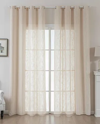 A pair of beige linen-look curtains hanging in front of a window.