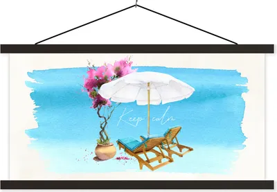 Produktbild von MuchoWow® Textilposter Strandkorb - Sonnenschirm - Blumen - Aquarell 60x30 cm mit schwarzem Rahmen - Textilien