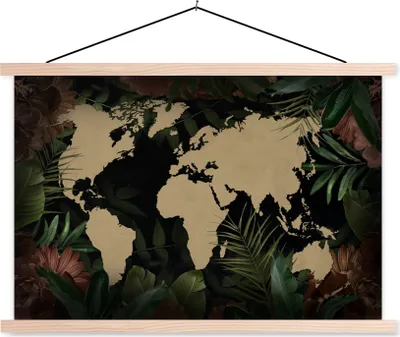 Produktbild von MuchoWow® Textilposter Weltkarte - Blätter - Blumen 60x40 cm mit holzfarbenen Rahmen - Bilder