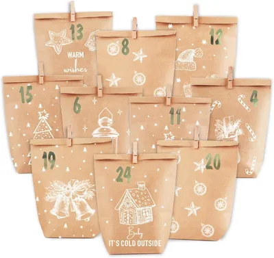 Produktbild von Adventskalender zum Befüllen – 24 Weihnachtskalender – Geschenktüten – Groß, zum Selbstbefüllen – Kraftpapier-Tüten