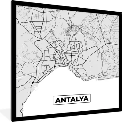 Produktbild von MuchoWow® Gerahmtes Poster Antalya - Stadtplan - Schwarz und weiß - Karte 40x40 cm - Poster mit Schwarzem Bilderrahmen Wandposter Rahmen Foto Bilder - Mit Rahmen - Wanddekoration Schlafzimmer