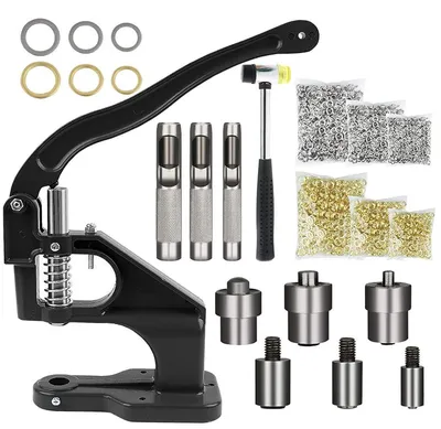 Immagine prodotto di Presso a leva manuale per occhielli, modello Ösenzange, con capacità di applicare 1500 occhielli di diametro 6/10/12 mm, colore argento, adatta per pelle, tessuto e tela, con 3 stampi