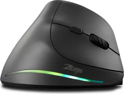 A close-up studio shot of a black vertical ergonomic mouse with a green and blue LED light strip at the base.