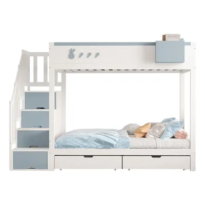 Produktbild von Etagenbett Kinderbett(Blau)Mit Kaninchen- und Karottenmotiven,Abnehmbarem Ablagefach, Sicherer Aufbewahrungsleiter,Schubladen,Lattenrost,Doppelbett