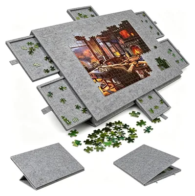 Image de Tapis de puzzle de 1000 pièces, inclinable, en feutre, antidérapant, avec 6 tiroirs, dimensions 52 x 77 cm, pour une utilisation à domicile