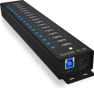 Produktbild von ICY BOX IB-HUB1717-U3, 16+1 port USB Hub, 16x USB, 1x USB Laden, USB 3.2 Gen 1, 96W Netzteil, Aluminium, schwarz