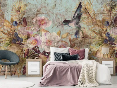Produktbild von Vlies Fototapete Blumen Vogel 400x280 cm Tapeten Wandtapete XXL Retro Vintage wie gemalt b-C-10165-a-a