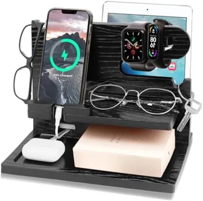 Productafbeelding van PromoHome® Houten telefoonhouder – Bureauorganizer met sleutelhouder, 18 x 15 x 12 cm, zwart