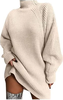 Produktbild von Grobstrickpulloverkleid, trendiges Pulloverkleid Winterpullover mit Fledermausärmeln für Damen,Aprikose