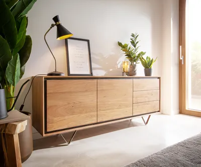 Produktbild von DELIFE Sideboard Stonegrace 175 cm Akazie Natur 2 Türen 3 Schubladen Steinfurnier V-Fuß