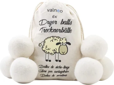 Produktbild von VALNEO 6 Trocknerbälle für Wäschetrockner in weiß aus 100% natürlicher Schafwolle - öko Waschball - Dryer Balls als Weichspüler für Ihren Trockner geeignet