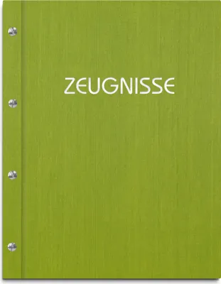 Produktbild von Zeugnismappe im grünen Einband in Leinenoptik mit hochwertigem Prägedruck in silber – handgefertigte Mappe für Zeugnisse inkl. 12 Sichthüllen
