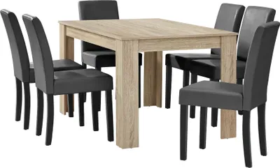 A dining table with six chairs.