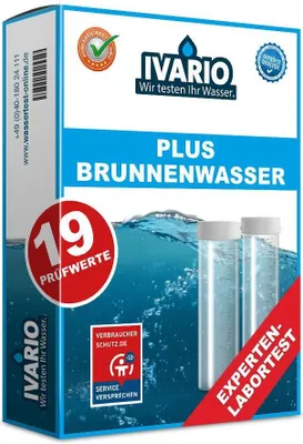 A product box for a well water test kit, showing the brand logo, product name, and key features.