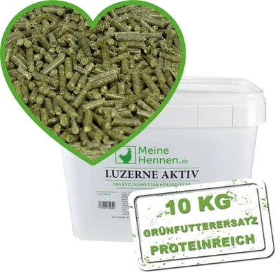 Produktbild von Meine Hennen LUZERNE AKTIV PELLETS - Faserreiche Alfalfa Pellets für Hühner als Ergänzungsfutter im 10kg Eimer mit Dosierlöffel, sorgt für gesunde Darmflora und Stärkung der Abwehrkräfte