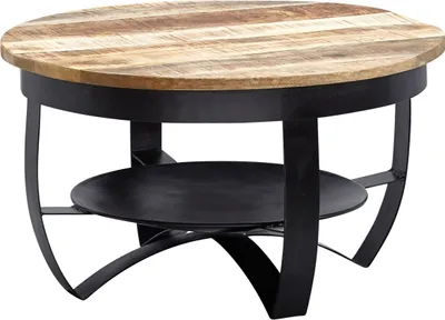 Produktbild von Couchtisch 60x34x60 cm Mango Massivholz / Metall Industrial Schwarz Rund, Sofatisch Wohnzimmertisch Massiv, Kleiner Tisch Salontisch Wohnzimmer