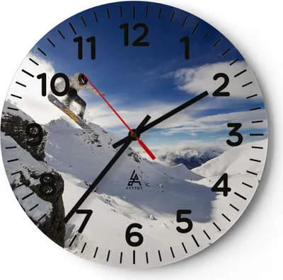 Produktbild von Wanduhr - Rund - Glasuhr - Snowboard Schnee Sport - 30x30cm - Schleichendes Uhrwerk - Lautlos - zum Aufhängen bereit - Dekoration Modern - Wanddekoration aus Glas - C4AR30x30-0151