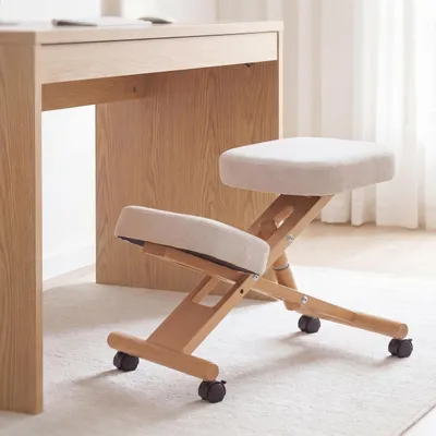 Produktbild von Kniestuhl MCW-Q46, Sitz-/Kniehocker höhenverstellbar Rollen Stoff/Textil (200g/m²) Holz  creme