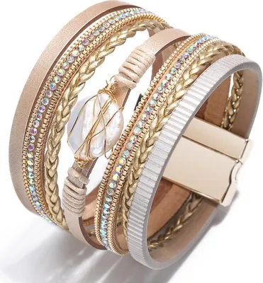 Produktbild von Geflochtenes Lederarmband mit Boho-Lederwicklung und beigen Riemen