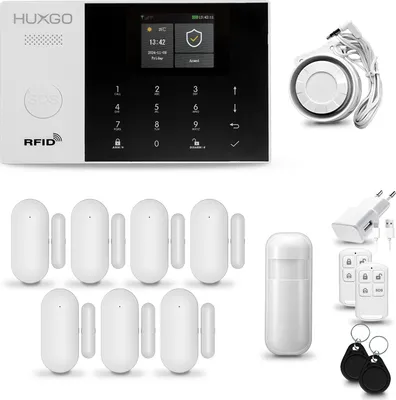 Produktbild von HUXGO HXA005 Alarmanlage Haus WiFi + GSM 4G mit Sirene Alarm Set mit Bewegungssensor und 7x Fenstersensor, Alarmanlage für Wohnung,Garage, Tuya App