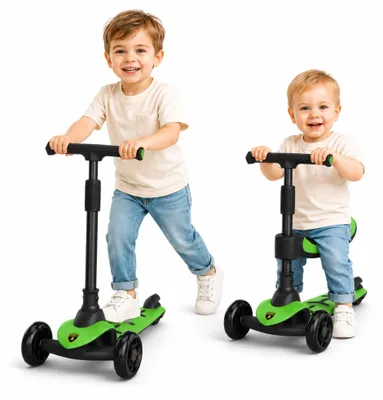 Produktbild von Lamborghini Kinder Roller Scooter ab 3 Jahren bis 50 kg - Tretroller mit Sitz und 2 Lenkmodi, Leichter Aluminiumrahmen, Leuchträdern, Hinterbremse