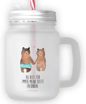 Produktbild von Mr. & Mrs. Panda Glas Bär Freundin - Transparent - Geschenk, Teddy, Beste Freund Liebe Liebesbeweis Verliebt Kumpel Kumpeliene, Für Smoothies, mit deckel, Trinkglas