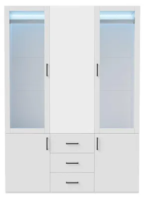 Produktbild von Kleiderschrank 130cm 2 Türen mit Spiegel & LED Farbwechsel, 3 Schubladen, Weiß