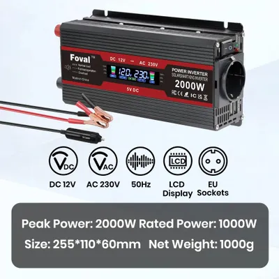 Obrázek produktu pro Měnič napětí – invertor – 2000W, DC 12V na AC 220V/230V – modifikovaná sinusoida – LCD displej – USB port – zásuvka typu EU – černá barva