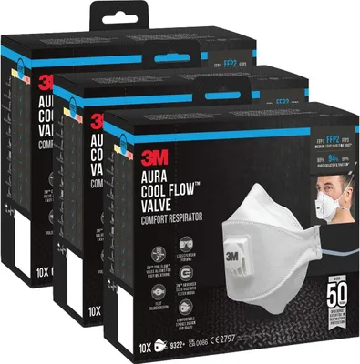 Produktbild von 3M™ Aura™ Comfort Cool Flow™ Partikelmaske 9322+ FFP2 mit Ventil - 3 x 10er Pack