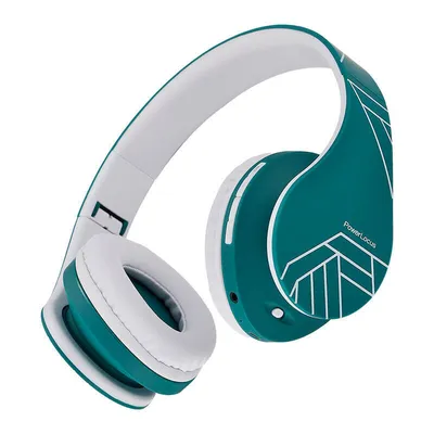 A pair of teal and white headphones shown from a diagonal angle against a white background.