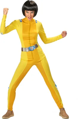 A woman in a yellow spy costume posing.