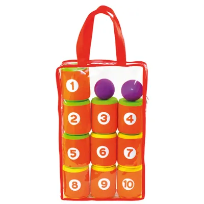 Zdjęcie produktu dla EDUPLAY 170-195 Gra w rzucanie puszkami z gumy piankowej, 10 puszek Ø 7,5 x 10 cm i 2 piłki z torbą do noszenia na zewnątrz, pomarańczowy, 13 sztuk (1 zestaw)