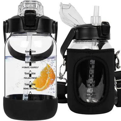 Productafbeelding van Solidchoice - Glazen Drinkfles met Rietje en Tijdmarkering 1 Liter