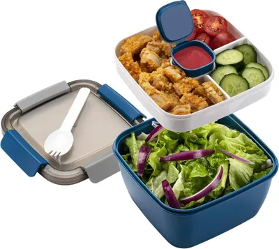 Produktbild von Lunchbox Auslaufsichere Bento Box mit 1 Gabel, Salatbehälter mit Dressingbehälter, 3 Fächer Salatbox-to-go für Schule,Arbeit,Picknick, Reisen,Camping (Blau, 1500 ML)