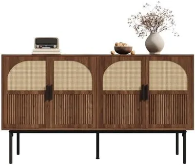 Produktbild von Retro Sideboard 140 cm, Aufbewahrungsschrank in Walnussoptik mit Rattanfront, Vintage Kommode für Wohnzimmer und Esszimmer