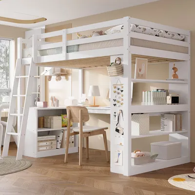 A white loft bed with a desk and shelves, set up in a child's room.