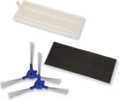 A set of replacement parts for a robot vacuum cleaner, including filters and brushes, arranged on a white background.